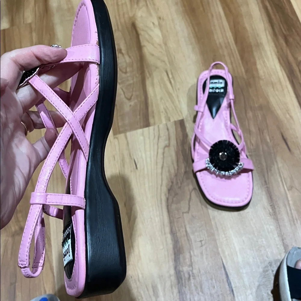 jamie sadock Pink Slingback Sandals with Black Beaded Medallions